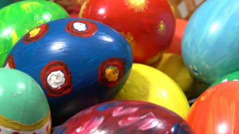 Happy Easter. Homemade painted eggs in a basket Close up of a decorative nest Video stock 169572249