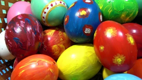 Happy Easter. Homemade painted eggs in a basket Close up of a decorative nest Stock Footage 170693772