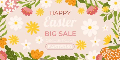 Happy Easter horizontal background template. Design with hand painted eggs .. イラスト素材