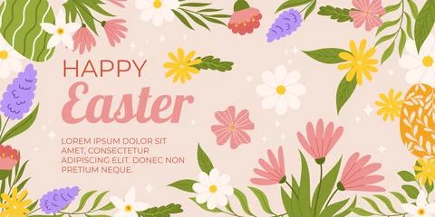 Happy Easter horizontal background template. Design with painted eggs, flowers Stock Illustration