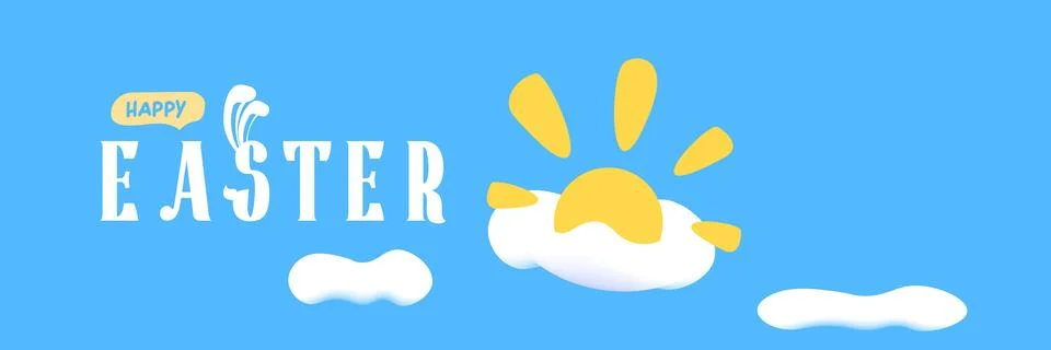 Happy Easter horizontal banner with blue sky background. White lettering with Stock Illustration