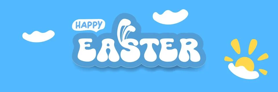 Happy Easter horizontal banner with blue sky background. White lettering with Stock Illustration
