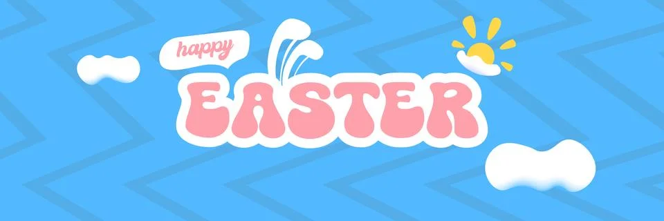 Happy Easter horizontal banner with blue sky background. White lettering with Stock Illustration