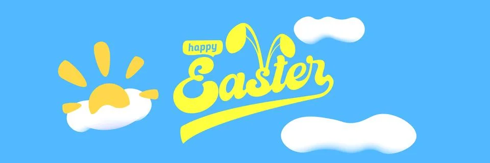 Happy Easter horizontal banner with blue sky background. White lettering with Stock Illustration