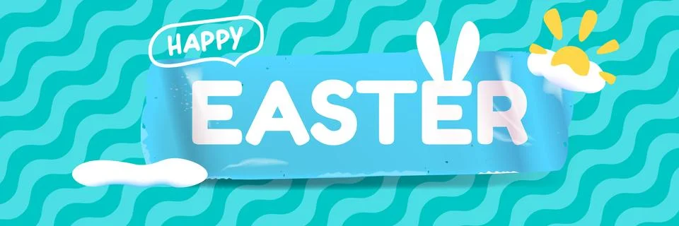 Happy Easter horizontal banner with blue sky background. White lettering with Stock Illustration