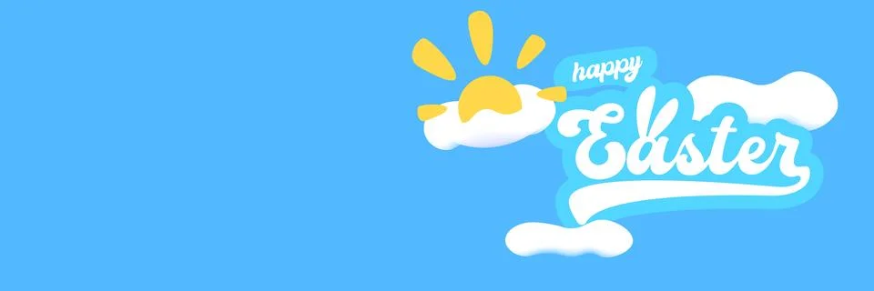 Happy Easter horizontal banner with blue sky background. White lettering with Stock Illustration