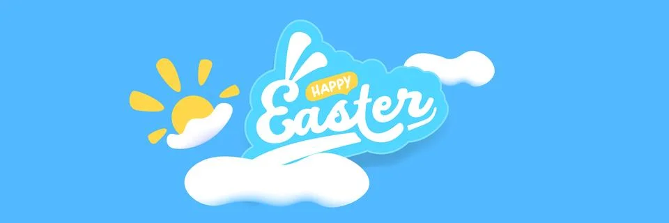 Happy Easter horizontal banner with blue sky background. White lettering with Stock Illustration