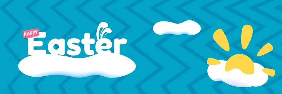 Happy Easter horizontal banner with blue sky background. White lettering with Stock Illustration