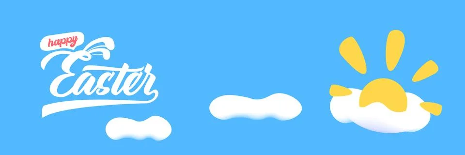 Happy Easter horizontal banner with blue sky background. White lettering with Stock Illustration