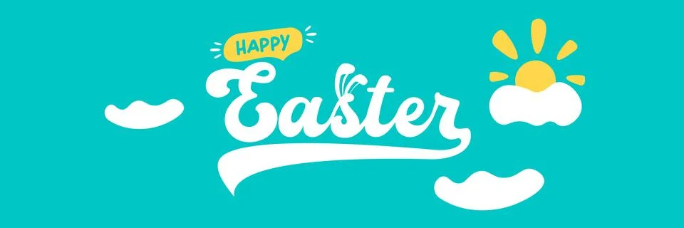 Happy Easter horizontal banner with blue sky background. White lettering with Stock Illustration