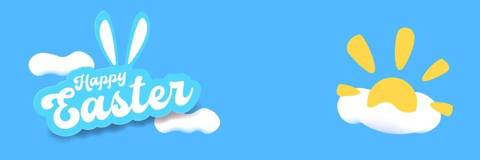 Happy Easter horizontal banner with blue sky background. White lettering with Stock Illustration