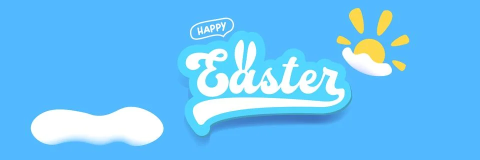 Happy Easter horizontal banner with blue sky background. White lettering with Stock Illustration