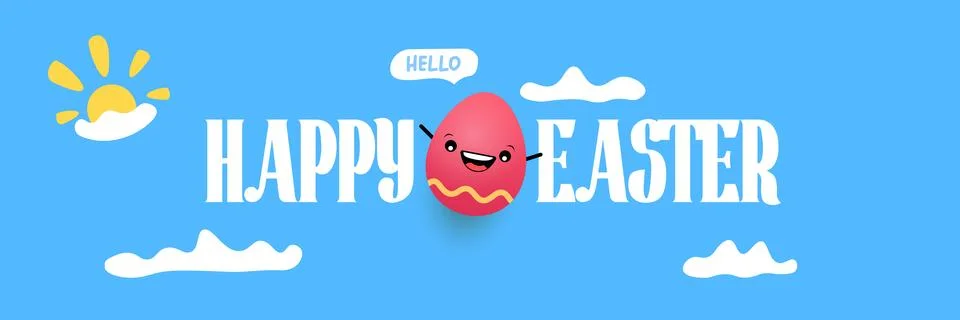 Happy Easter horizontal banner with cute smiling egg character. Funny easter Stock Illustration
