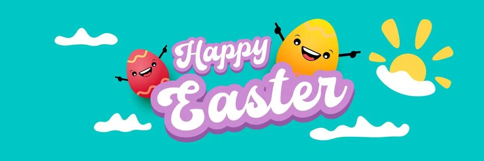 Happy Easter horizontal banner with cute smiling egg character. Funny easter Stock Illustration