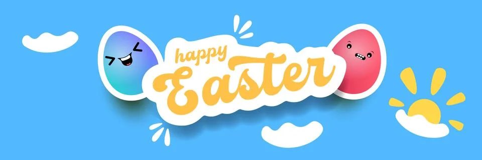 Happy Easter horizontal banner with cute smiling egg character. Funny easter Stock Illustration