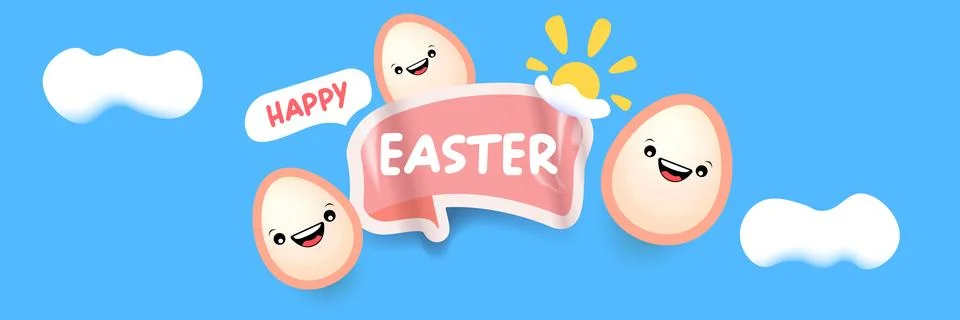Happy Easter horizontal banner with cute smiling egg character. Funny easter Stock Illustration