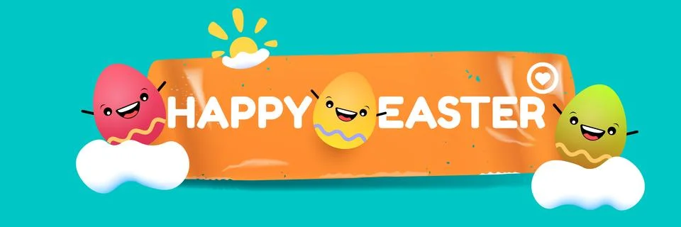 Happy Easter horizontal banner with cute smiling egg character. Funny easter Stock Illustration