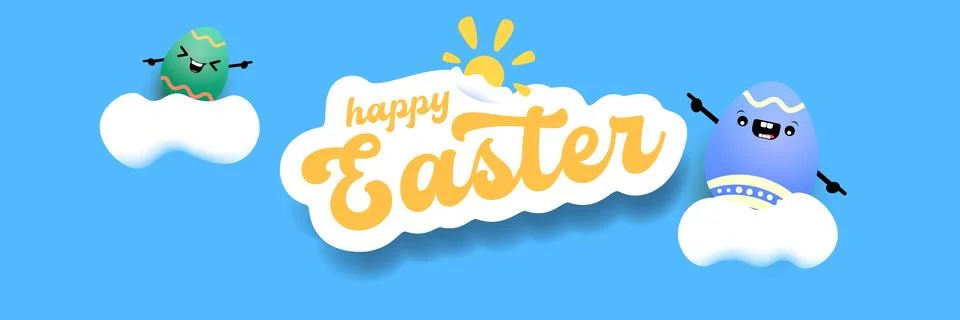 Happy Easter horizontal banner with cute smiling egg character. Funny easter Stock Illustration