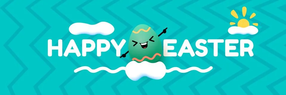 Happy Easter horizontal banner with cute smiling egg character. Funny easter Stock Illustration