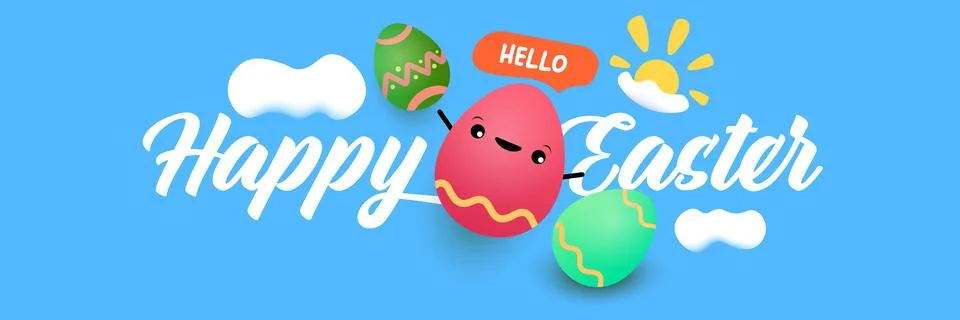 Happy Easter horizontal banner with cute smiling egg character. Funny easter Stock Illustration