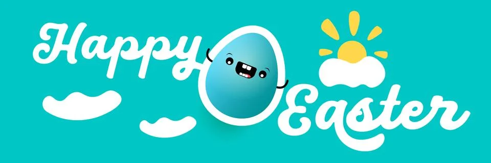 Happy Easter horizontal banner with cute smiling egg character. Funny easter Stock Illustration