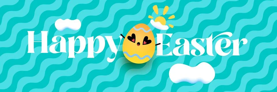 Happy Easter horizontal banner with cute smiling egg character. Funny easter Stock Illustration
