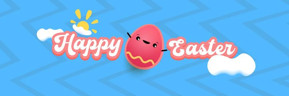 Happy Easter horizontal banner with cute smiling egg character. Funny easter Stock Illustration