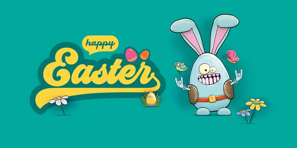 Happy Easter horizontal banner. Funny cartoon rock and roll bunny egg character Stock Illustration