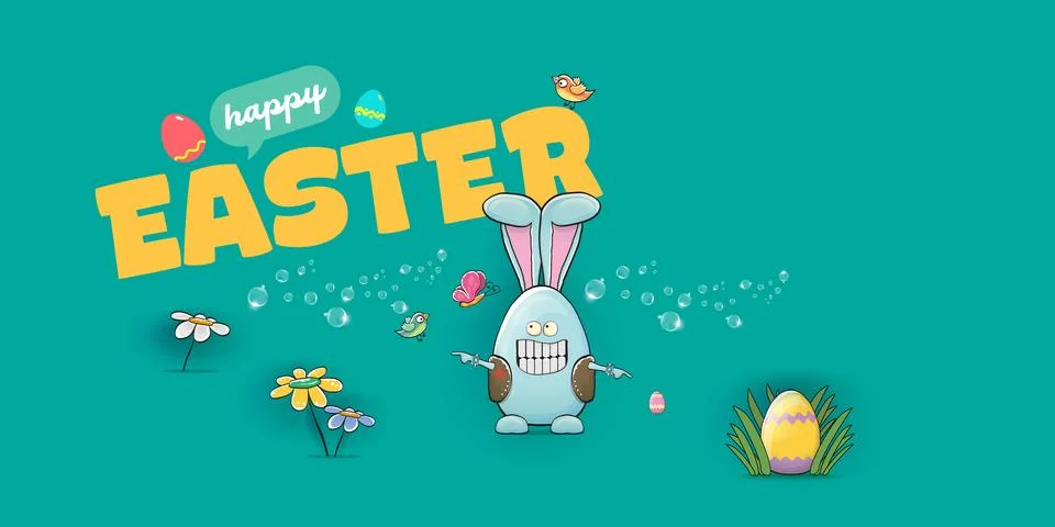 Happy Easter horizontal banner. Funny cartoon rock and roll bunny egg character Stock Illustration