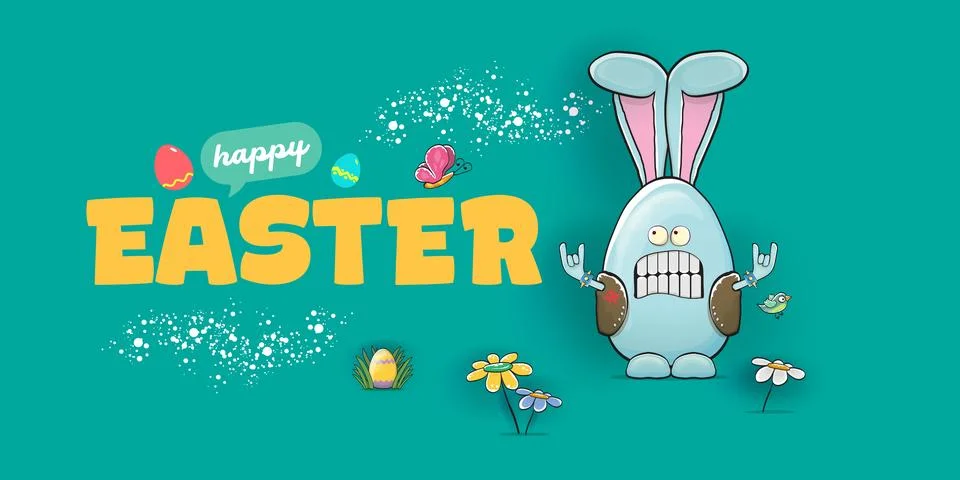 Happy Easter horizontal banner. Funny cartoon rock and roll bunny egg character Stock Illustration