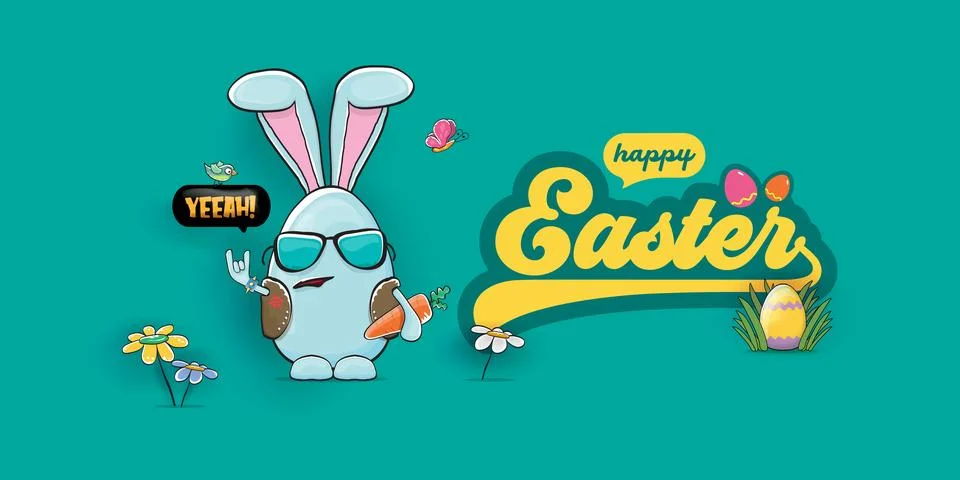 Happy Easter horizontal banner. Funny cartoon rock and roll bunny egg character Stock Illustration