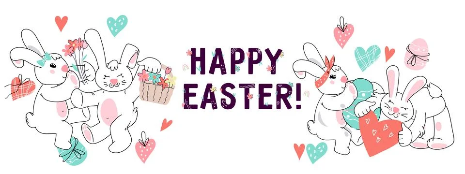 Happy Easter horizontal banner or poster, greeting card template with bunny a Stock Illustration