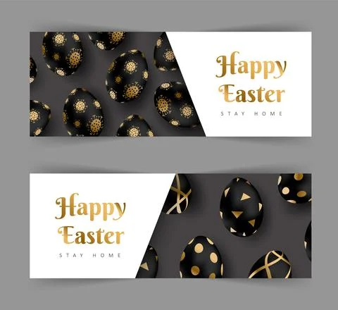 Happy Easter horizontal banner. Stay at home. Luxury backgrounds with black and Stock Illustration