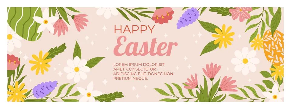 Happy Easter horizontal banner template. Design with painted eggs, flowers .. Stock Illustration
