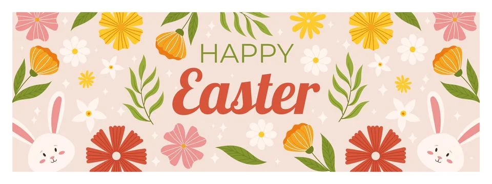Happy Easter horizontal banner template. Design with cute bunny, flowers an.. Stock Illustration