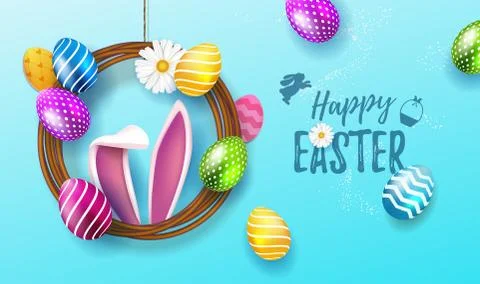 Happy Easter horizontal poster or banner template with Easter eggs in the wreath 库存插图