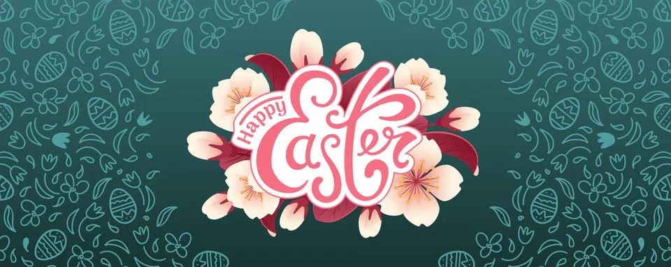 Happy easter. Horizontal vector banner. Cherry blossom realistic style, doodle Stock Illustration