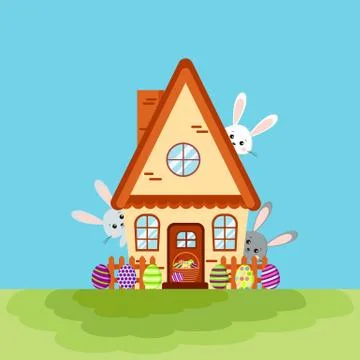 Happy easter house card with three bunnies peeking out of the house. Stock Illustration