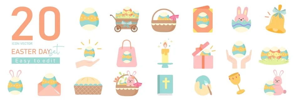 Happy Easter icon set. International religious holiday. Spring traditional Stock Illustration