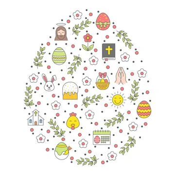 Happy Easter Icons Within Egg Shape, Easter vector poster Illustration, easter Illustrazione stock