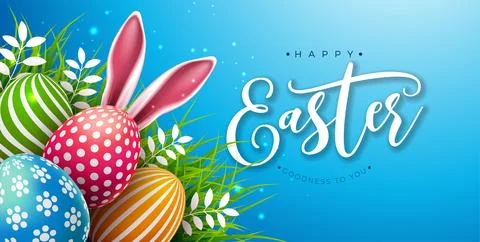 Happy Easter Illustration with Flower, Painted Egg and Rabbit Ears on Blue Ba イラスト素材