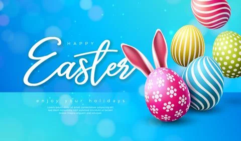 Happy Easter Illustration with Flower, Painted Egg and Rabbit Ears on Blue Ba Illustrazione stock