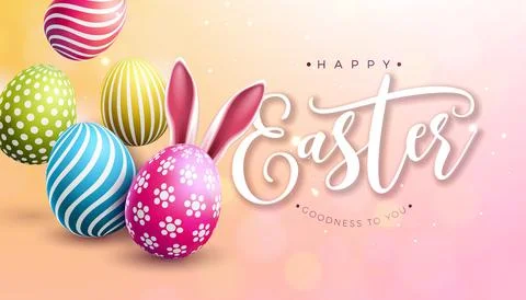 Happy Easter Illustration with Flower, Painted Egg and Rabbit Ears on Pink .. Stock Illustration