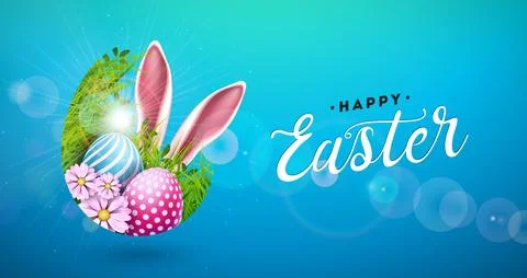 Happy Easter Illustration with Flower, Painted Egg and Rabbit Ears on Blue .. 库存插图