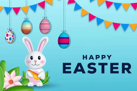 Happy easter illustration with hanging eggs, rabbit, and leaves Stock Illustration