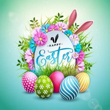 Happy Easter Illustration with Painted Egg, Rabbit Ears and Spring Flower on Stock Illustration