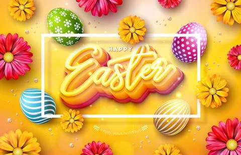 Happy Easter Illustration with Painted Egg, Spring Flower and 3d Typography Stock Illustration