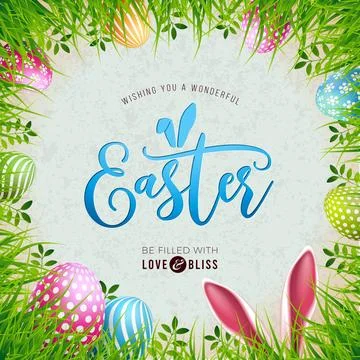 Happy Easter Illustration with Rabbit Ears, Painted Egg and Spring Green Grass Stock Illustration