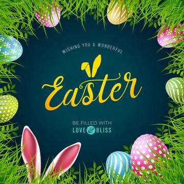 Happy Easter Illustration with Rabbit Ears, Painted Egg and Spring Green Grass Stock Illustration