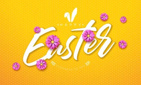 Happy Easter Illustration with Spring Flower and Rabbit Ears Symbol on Yellow Stock Illustration